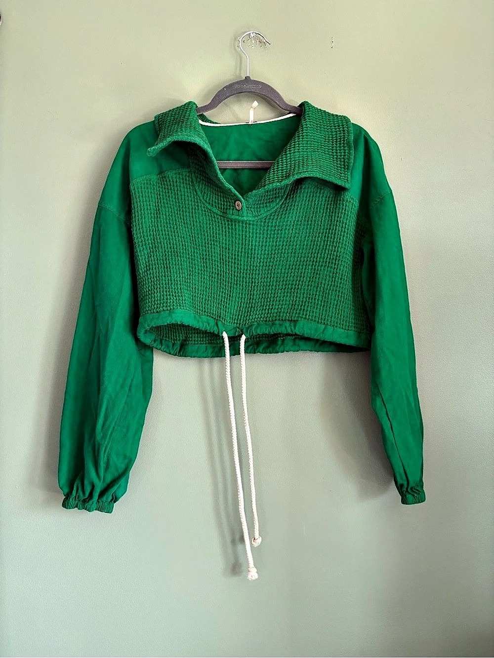 Free People Green Cropped Waffle Knit Quarter Button Sweatshirt